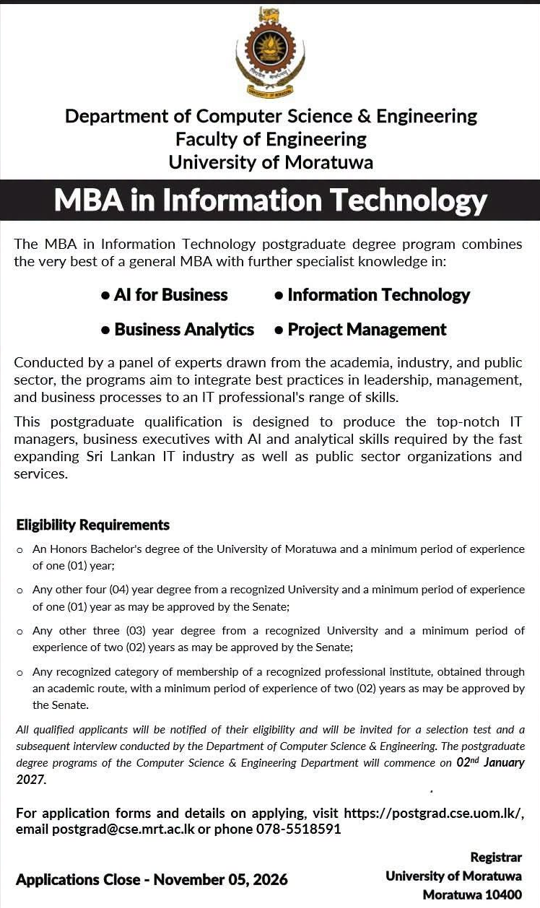 University of Moratuwa MBA in Information Technology 2027 Admission Notice