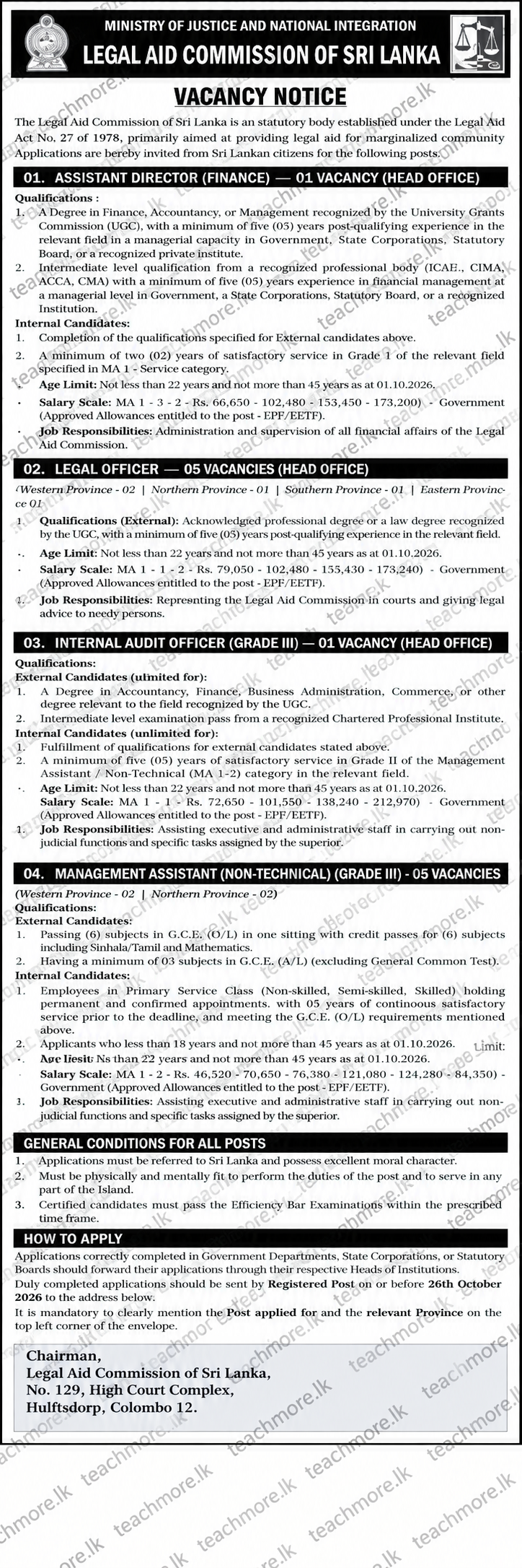 Official recruitment advertisement for Legal Aid Commission of Sri Lanka vacancies 2026