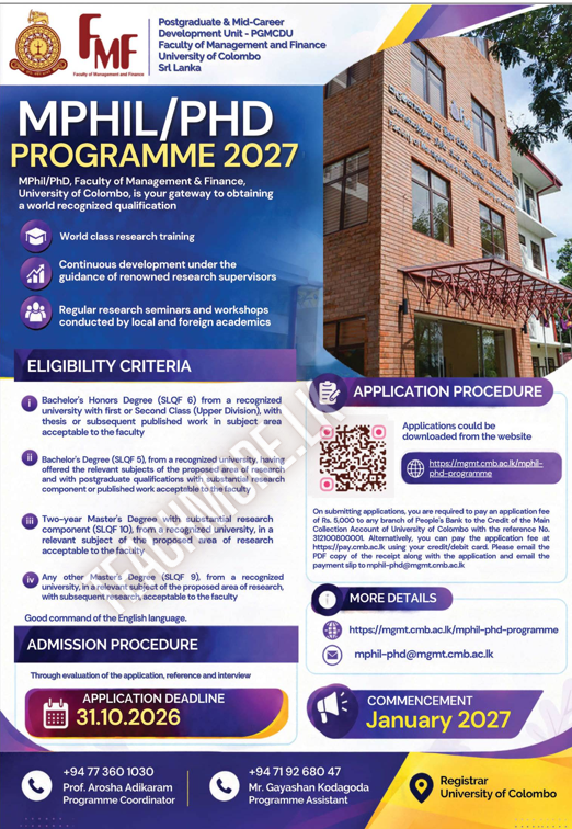 Official academic admission announcement for MPhil and PhD Programme 2027 at University of Colombo Faculty of Management and Finance