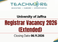 Official recruitment notification advertisement for University of Jaffna Registrar post 2026