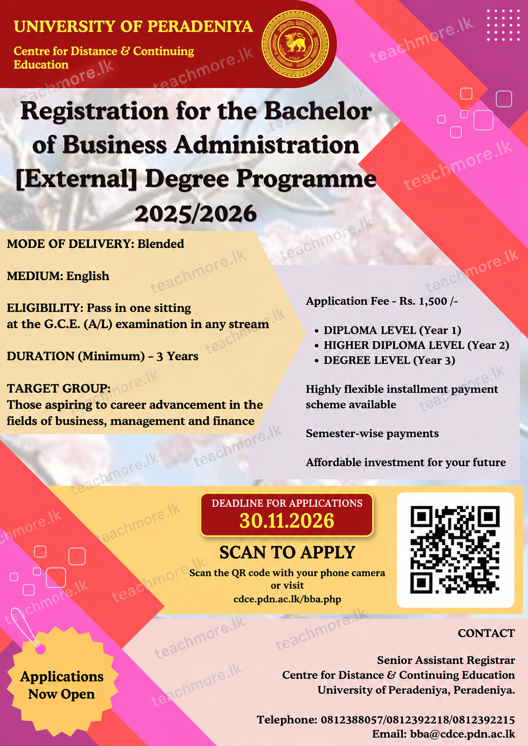 University of Peradeniya BBA External Degree Admissions Poster 2025/2026